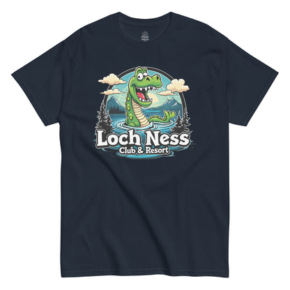 Loch Ness Monster T-shirt on navy – funny Nessie cartoon design with parody resort theme