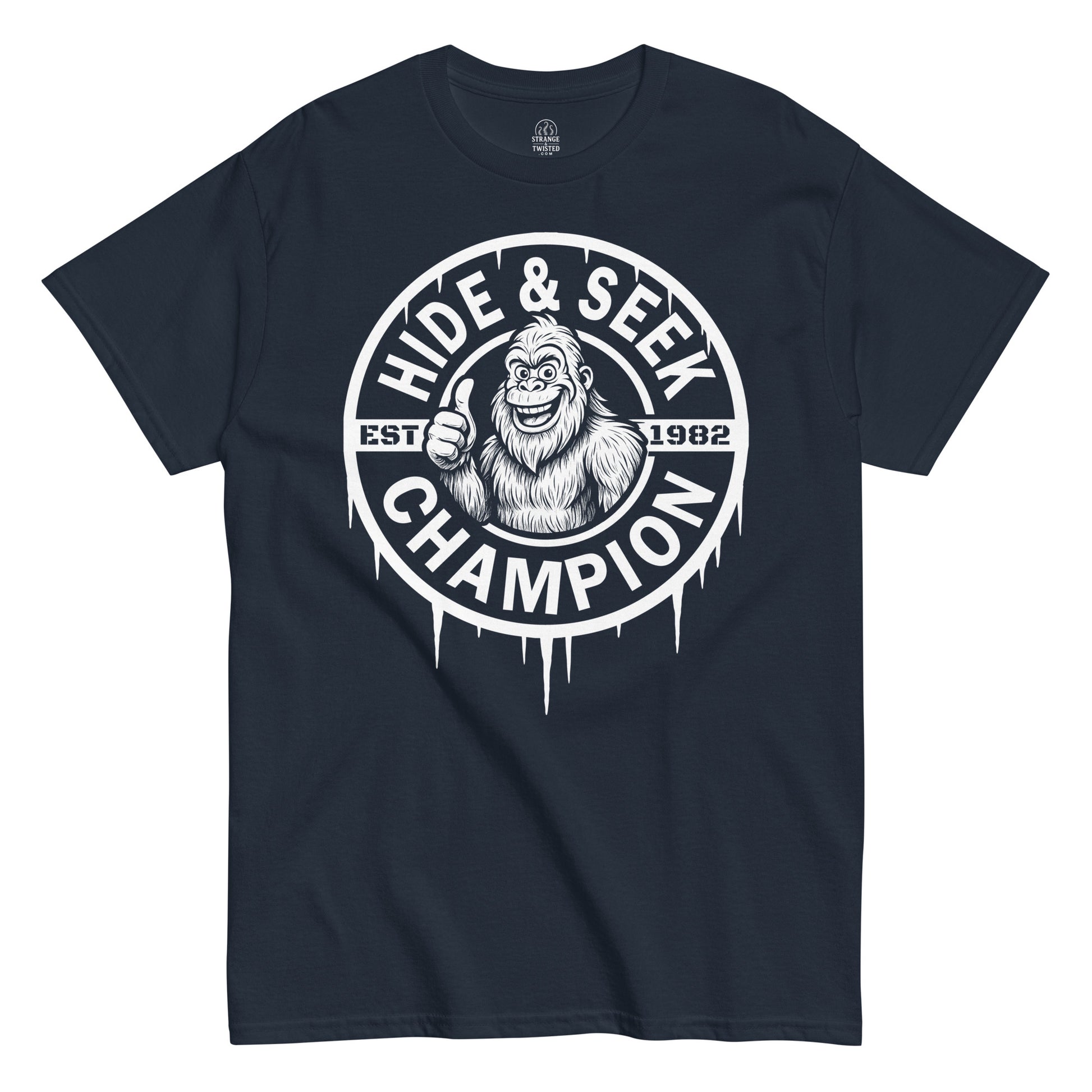 Funny Bigfoot Hide And Seek Champion thumbs-up T-shirt on navy, sasquatch cryptid design