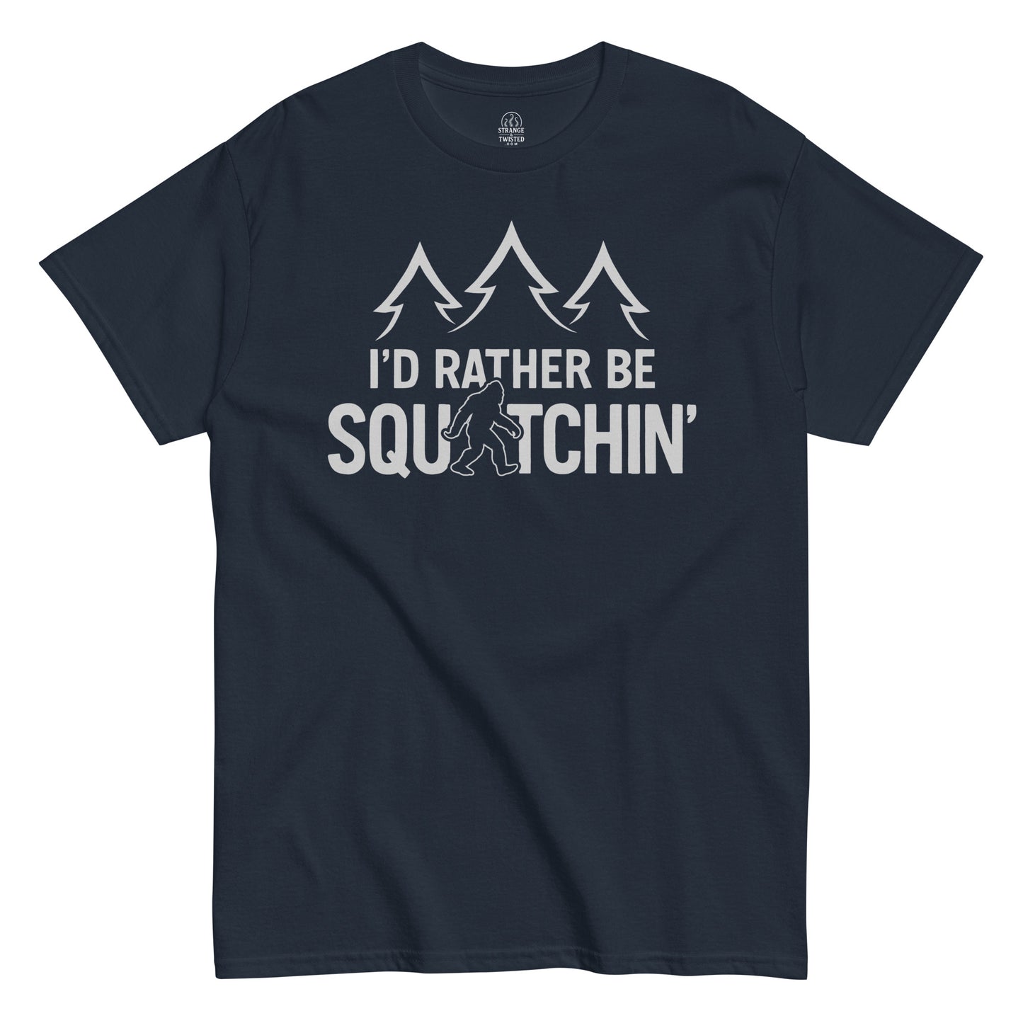 I’d Rather Be Squatchin Bigfoot T-shirt on navy, sasquatch cryptid graphic tee for outdoor fans