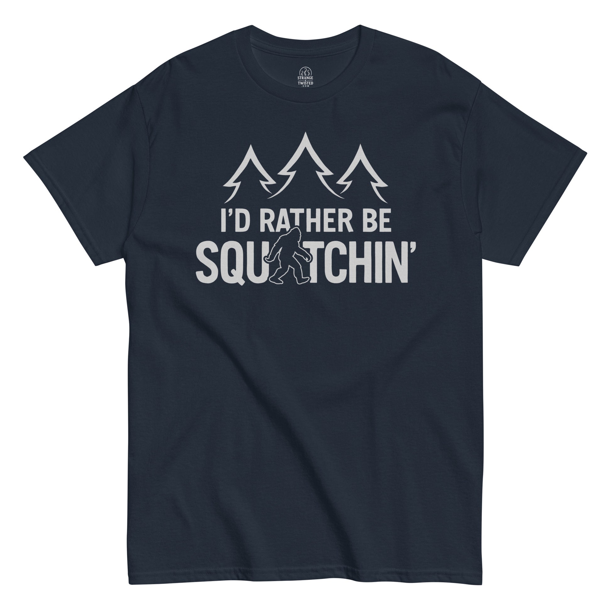 I’d Rather Be Squatchin Bigfoot T-shirt on navy, sasquatch cryptid graphic tee for outdoor fans