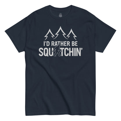 I’d Rather Be Squatchin Bigfoot T-shirt on navy, sasquatch cryptid graphic tee for outdoor fans