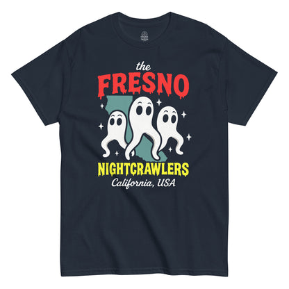 Fresno Nightcrawlers California cryptid T-shirt on navy, three ghost-like creatures design for paranormal fans