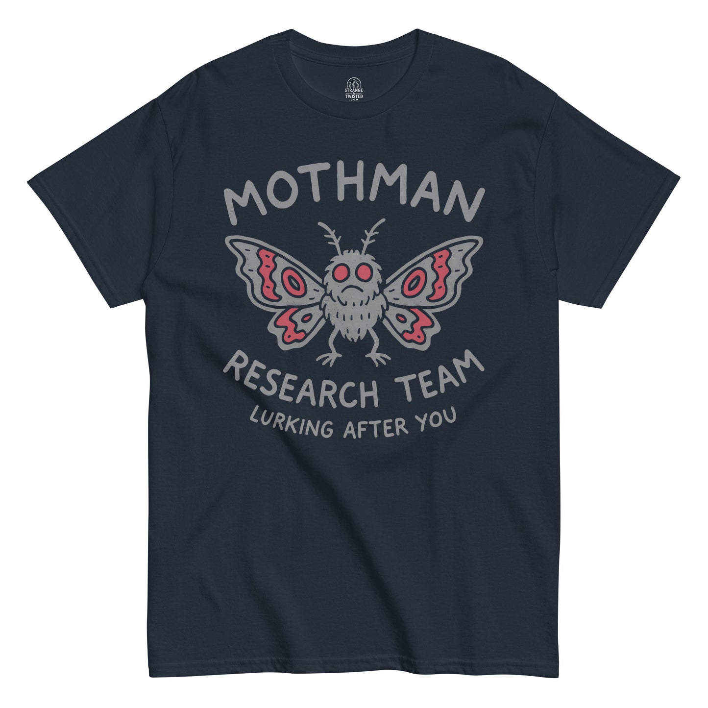 Mothman Research Team T-shirt on navy background, featuring red-eyed Mothman and “Lurking After You” slogan, ideal for urban legend and cryptid fans