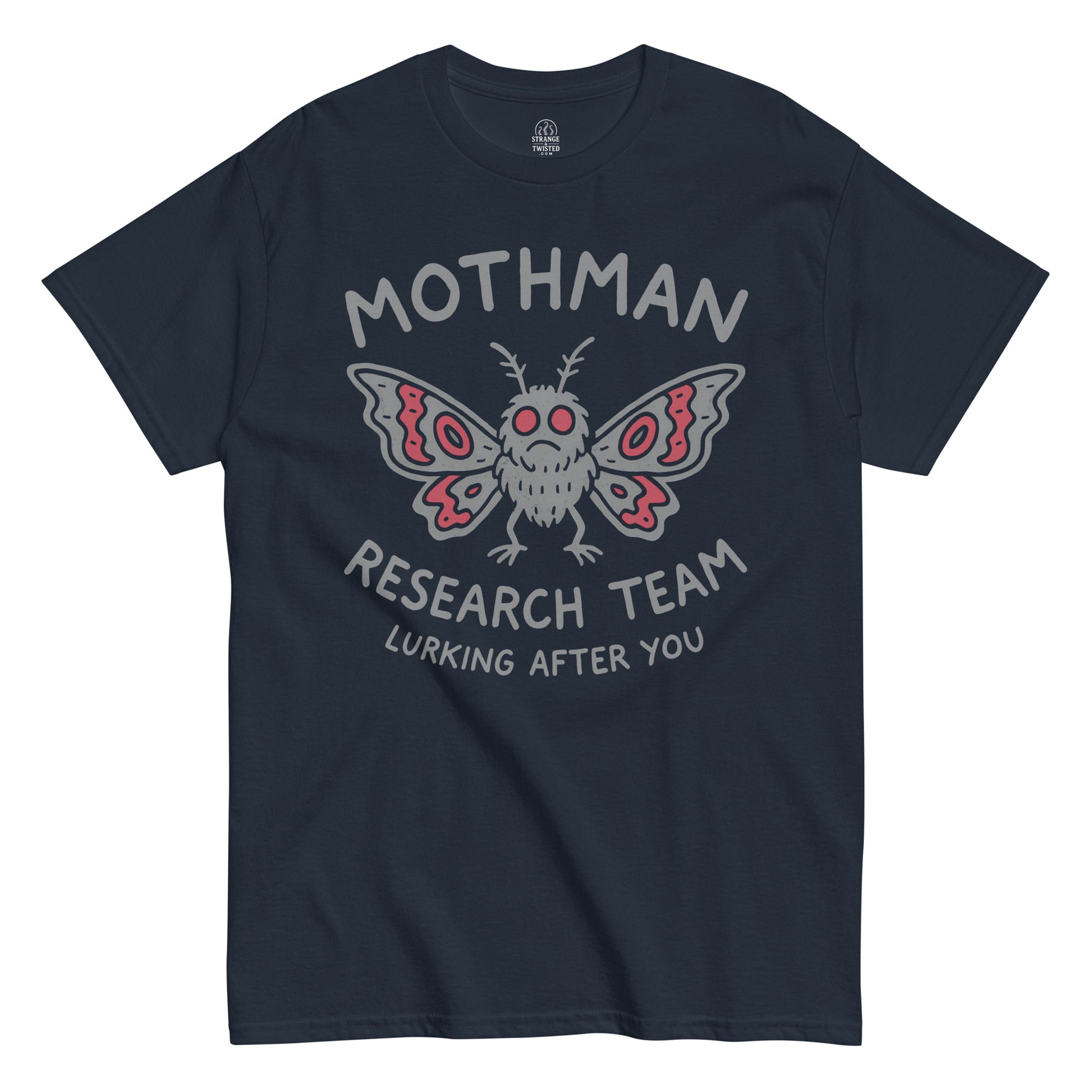 Mothman Research Team T-shirt on navy background, featuring red-eyed Mothman and “Lurking After You” slogan, ideal for urban legend and cryptid fans