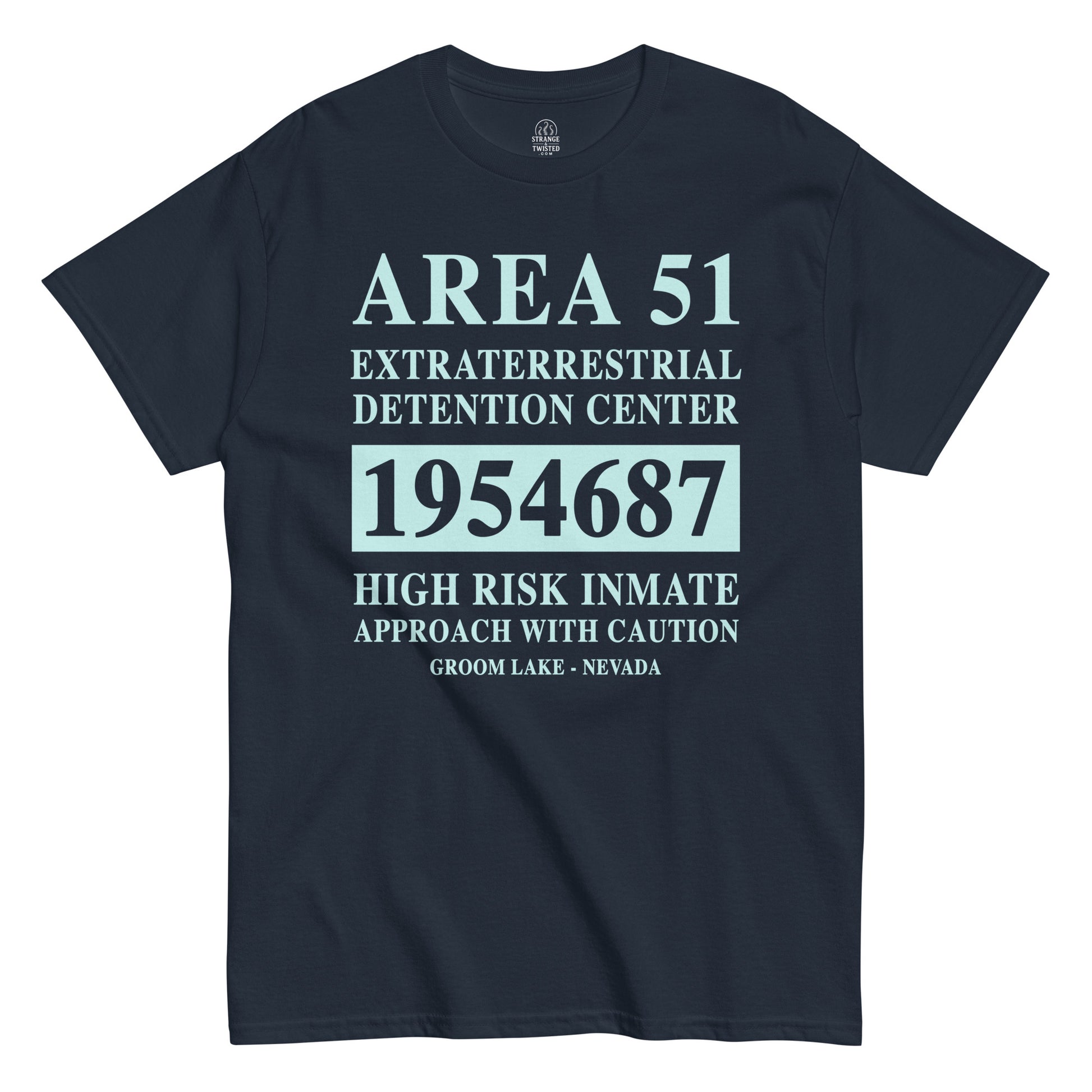 Area 51 Classified Inmate UFO T-shirt on navy background, conspiracy-inspired extraterrestrial text design for alien believers and UFO researchers