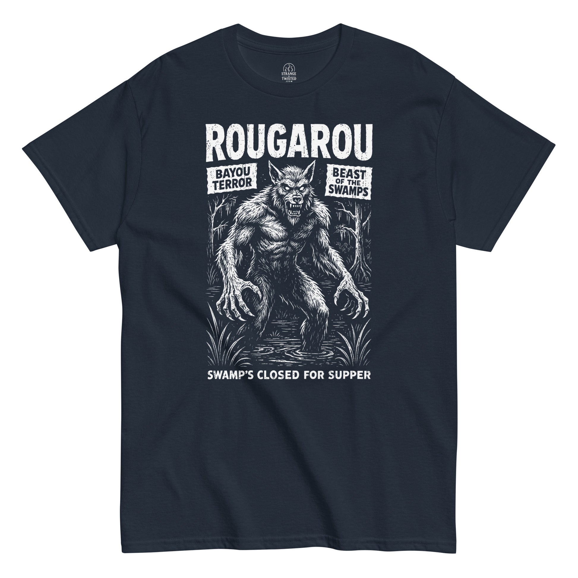 Rougarou Louisiana Folklore T-shirt on navy background, white swamp monster illustration with text Bayou Terror Beast of the Swamps, cryptid gift clothing