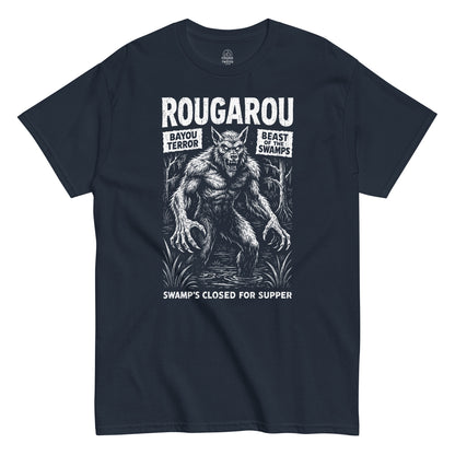 Rougarou Louisiana Folklore T-shirt on navy background, white swamp monster illustration with text Bayou Terror Beast of the Swamps, cryptid gift clothing