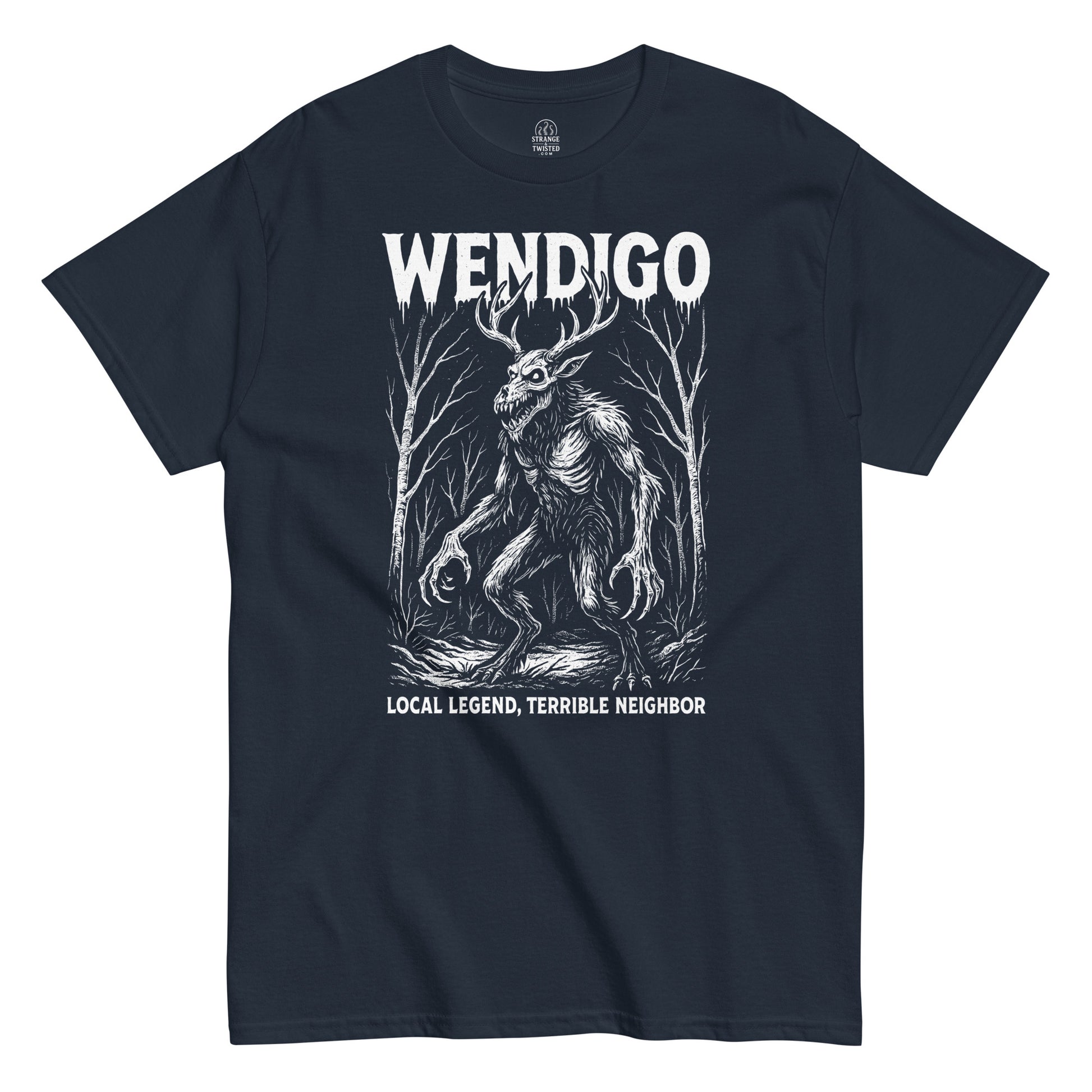 Wendigo legend T-shirt on navy background, white forest monster illustration inspired by Native folklore and myth, cryptid horror design