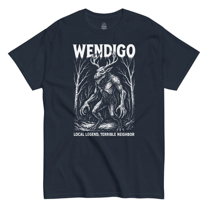 Wendigo legend T-shirt on navy background, white forest monster illustration inspired by Native folklore and myth, cryptid horror design
