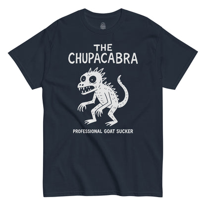 Navy Chupacabra T-shirt featuring white cryptid illustration with text “Professional Goat Sucker,” funny folklore and paranormal humor design