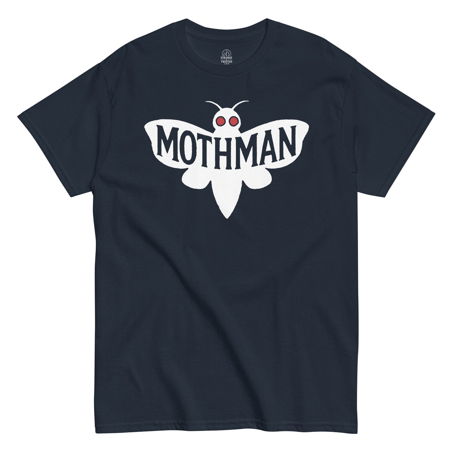 Navy Mothman T-shirt with white winged creature design and red eyes, cryptidcore fashion inspired by West Virginia legend