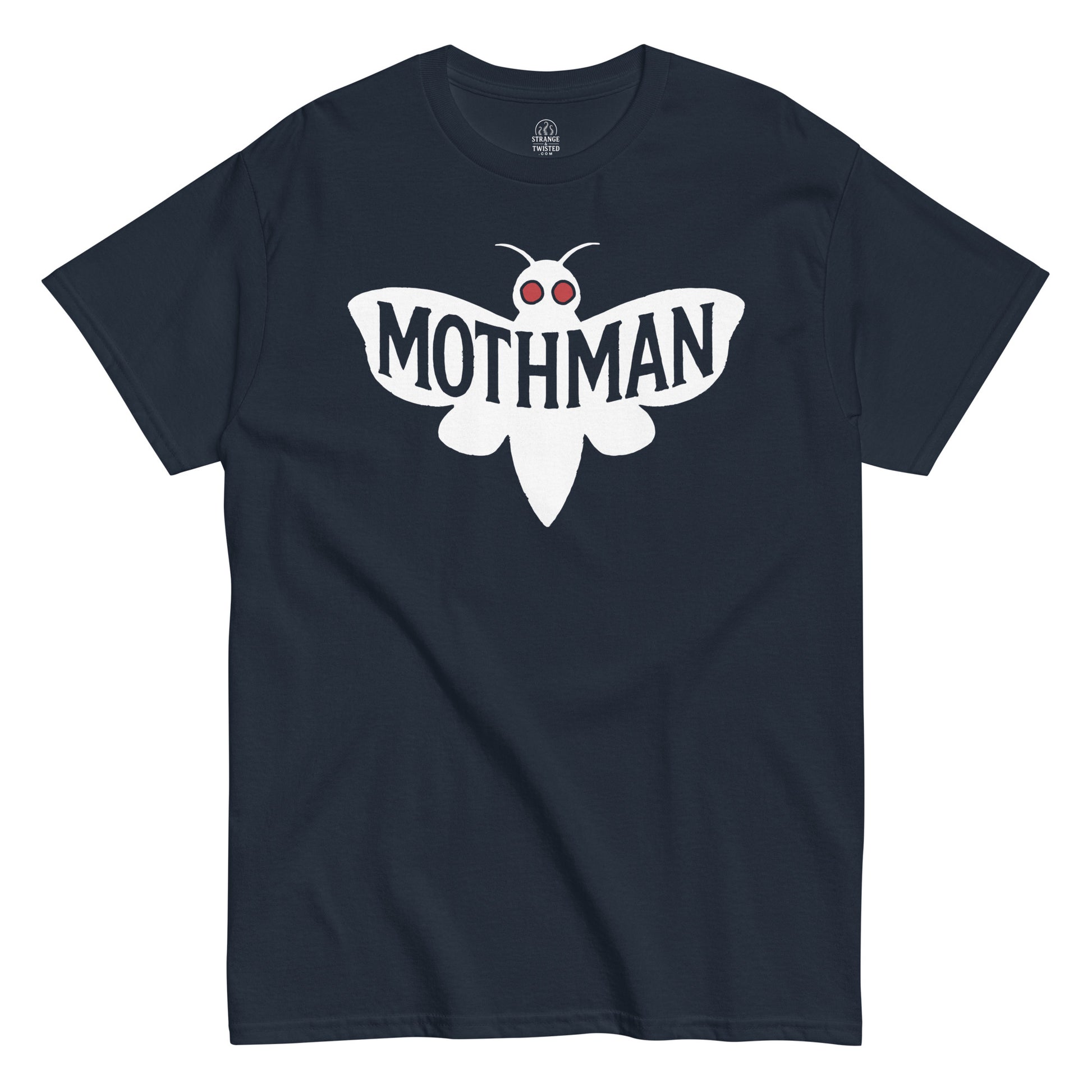 Navy Mothman T-shirt with white winged creature design and red eyes, cryptidcore fashion inspired by West Virginia legend