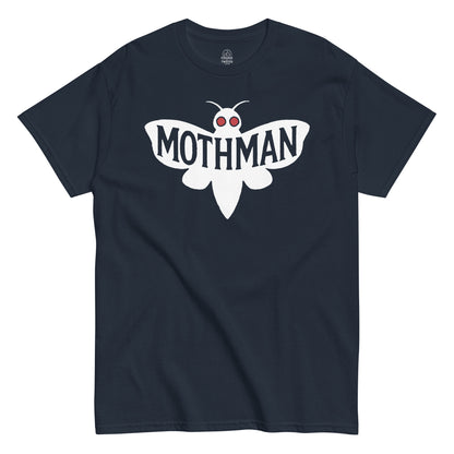 Navy Mothman T-shirt with white winged creature design and red eyes, cryptidcore fashion inspired by West Virginia legend
