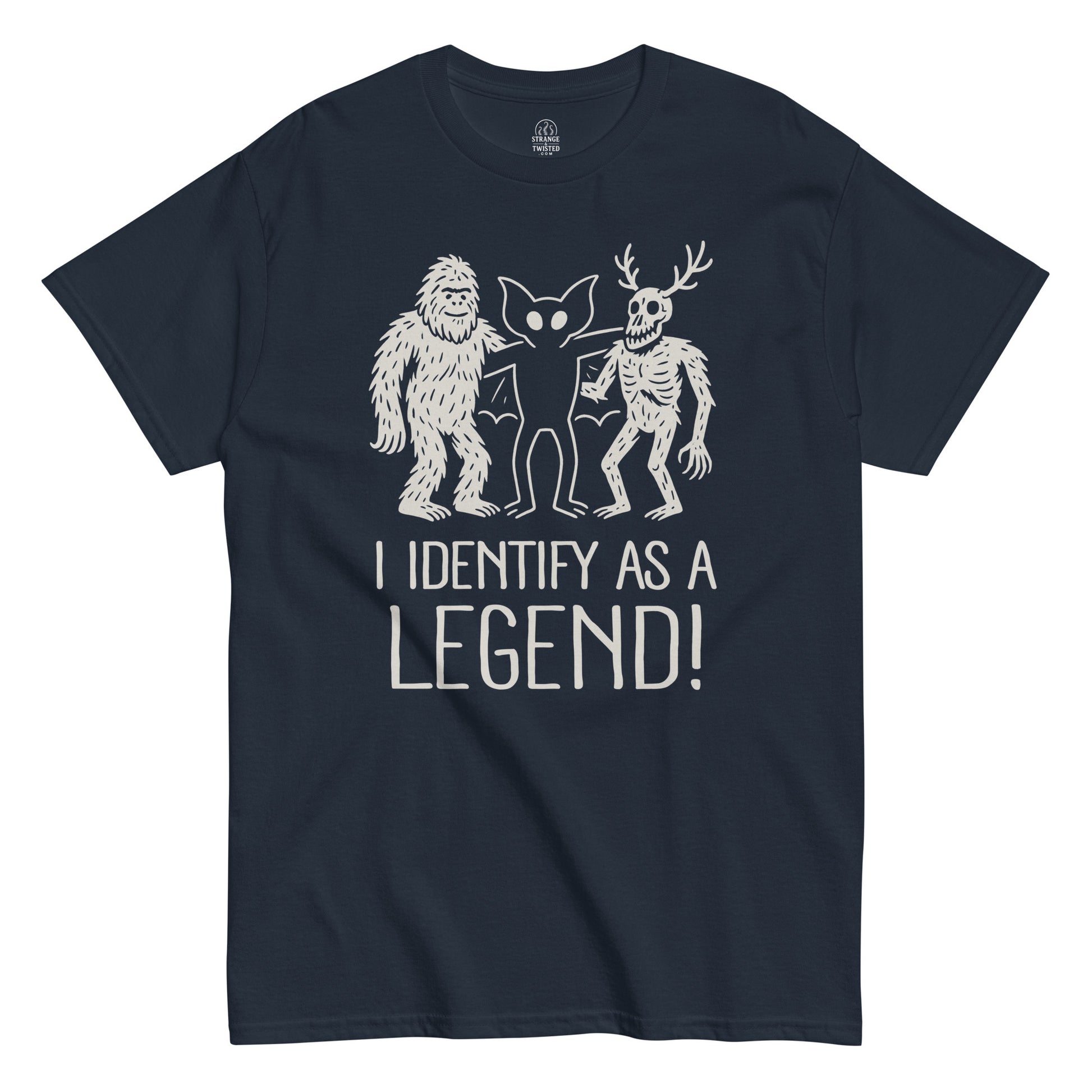 Navy T-shirt with humorous “I Identify As A Legend” design, featuring Mothman, Bigfoot, and Wendigo for cryptidcore fashion lovers
