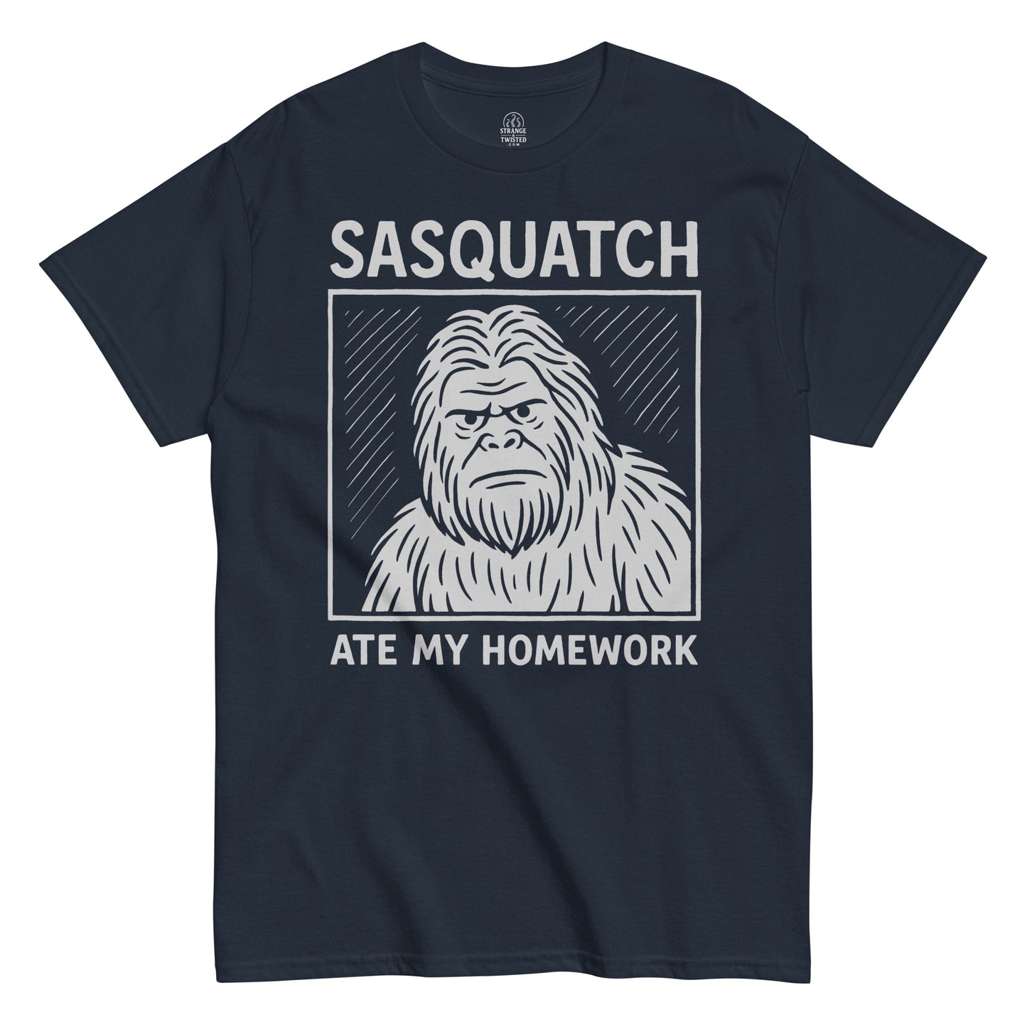 Navy Bigfoot T-shirt featuring Sasquatch Ate My Homework design, funny cryptid humor gift for folklore fans