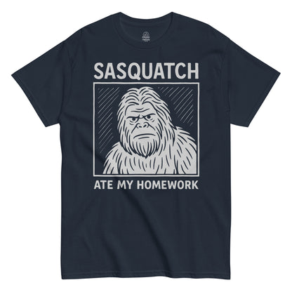 Navy Bigfoot T-shirt featuring Sasquatch Ate My Homework design, funny cryptid humor gift for folklore fans