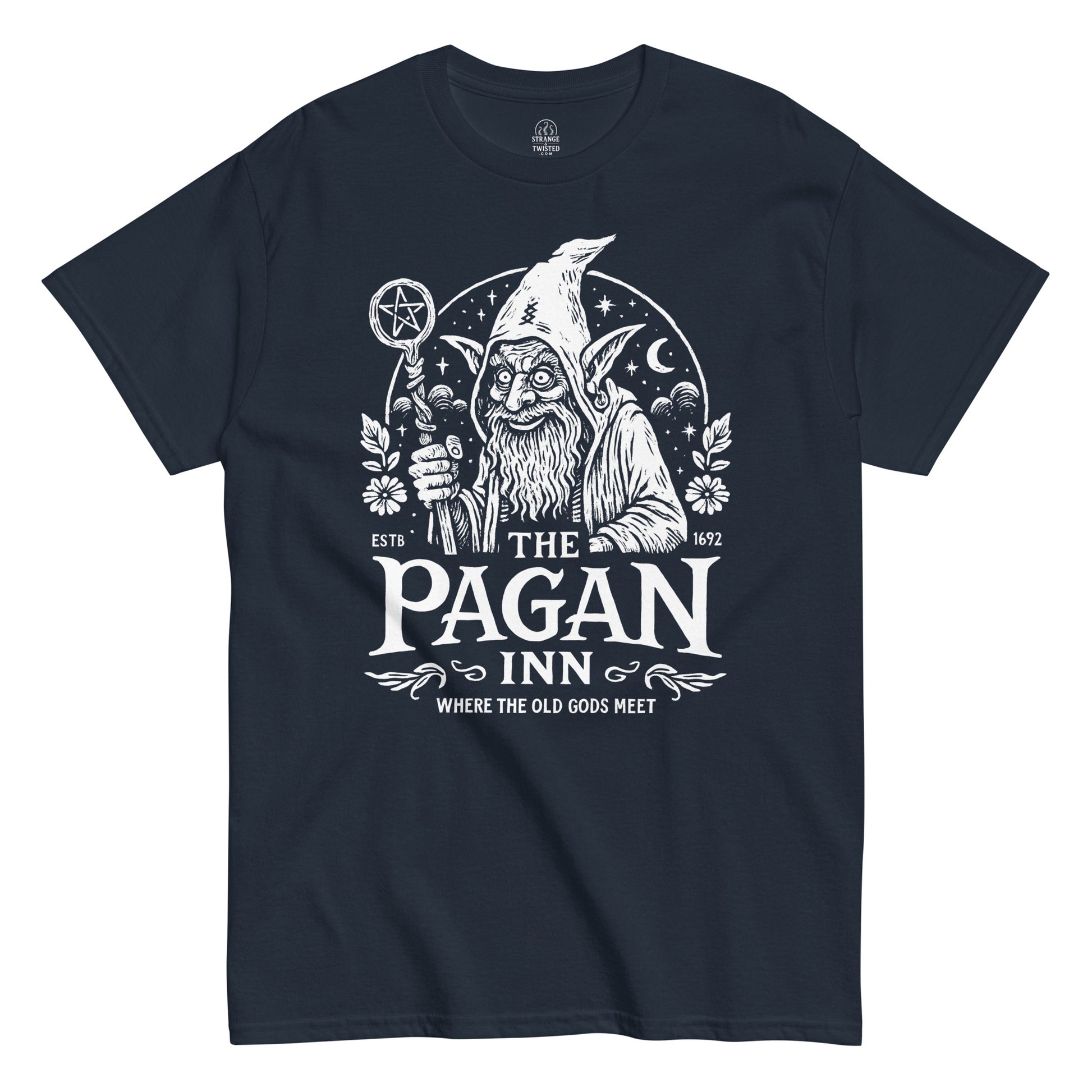 The Pagan Inn T-shirt with vintage wizard illustration in white print on navy fabric.