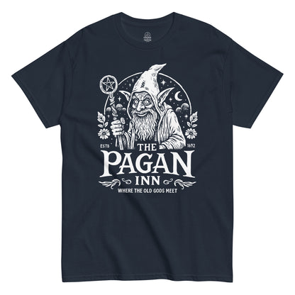 The Pagan Inn T-shirt with vintage wizard illustration in white print on navy fabric.