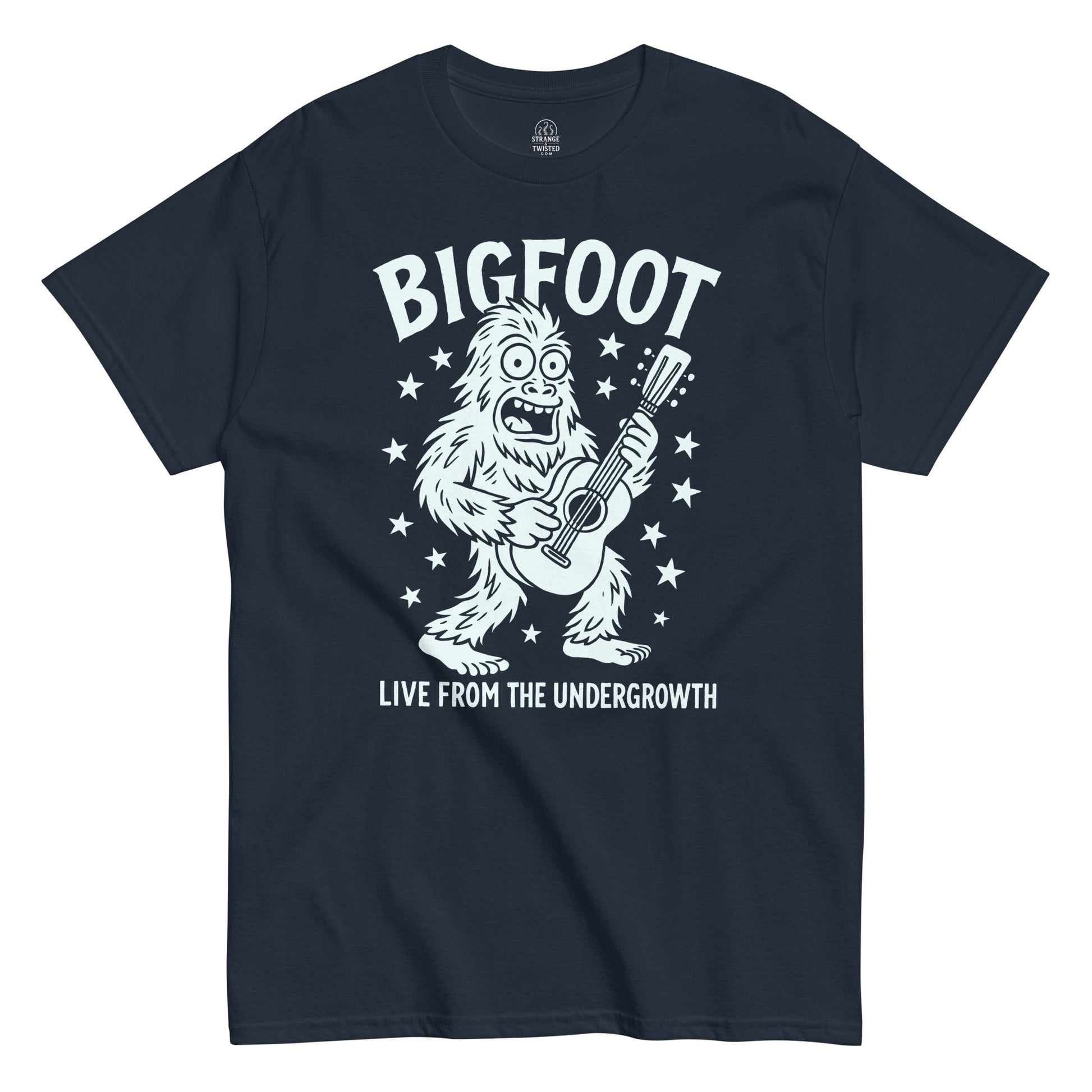 Bigfoot Live From The Undergrowth T-shirt with white guitar-playing Bigfoot print on navy fabric.