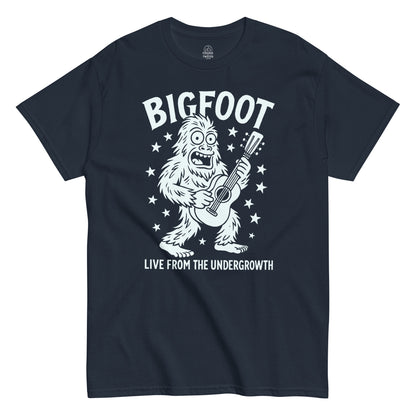 Bigfoot Live From The Undergrowth T-shirt with white guitar-playing Bigfoot print on navy fabric.