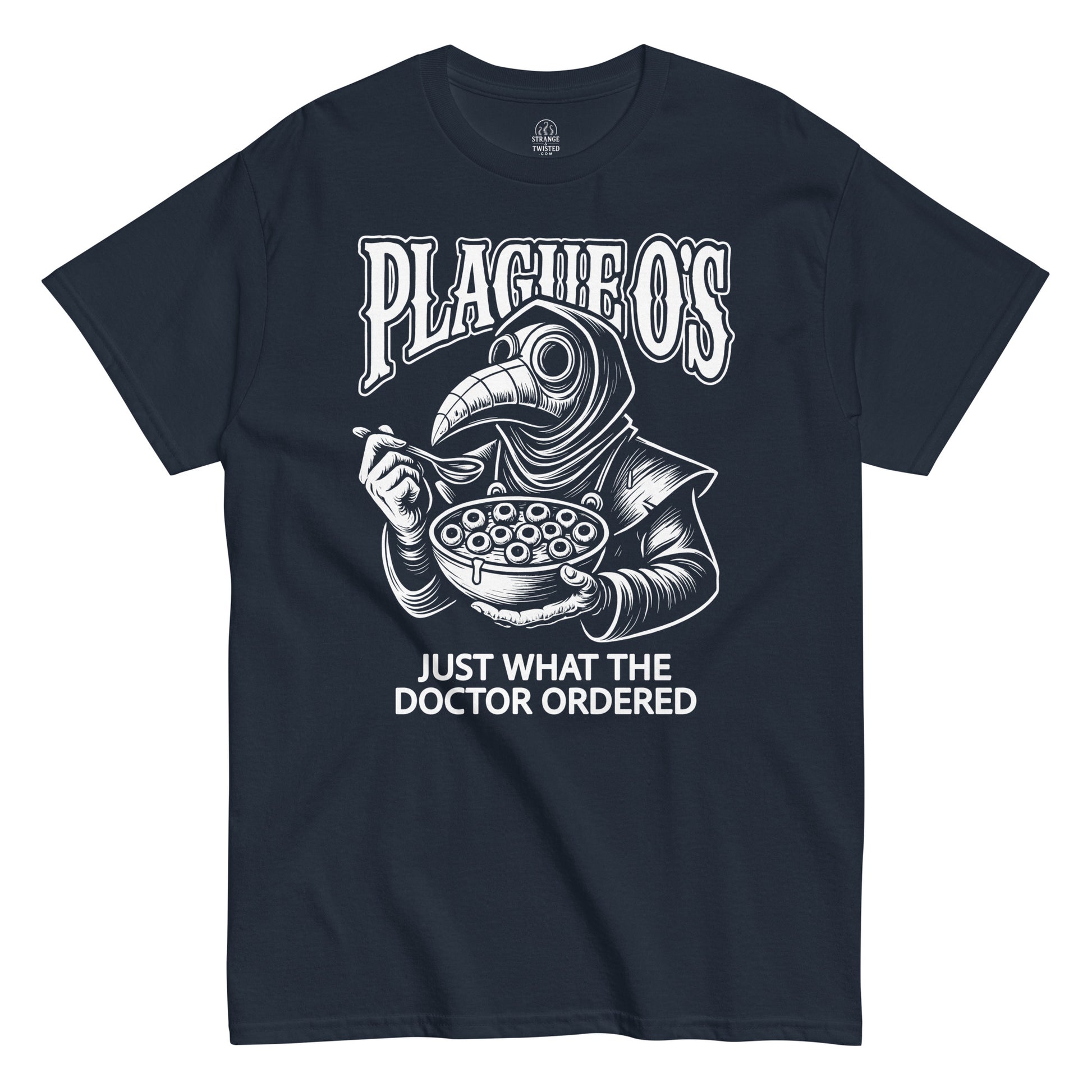 Plague O’s T-shirt featuring white plague doctor cereal design on navy background.