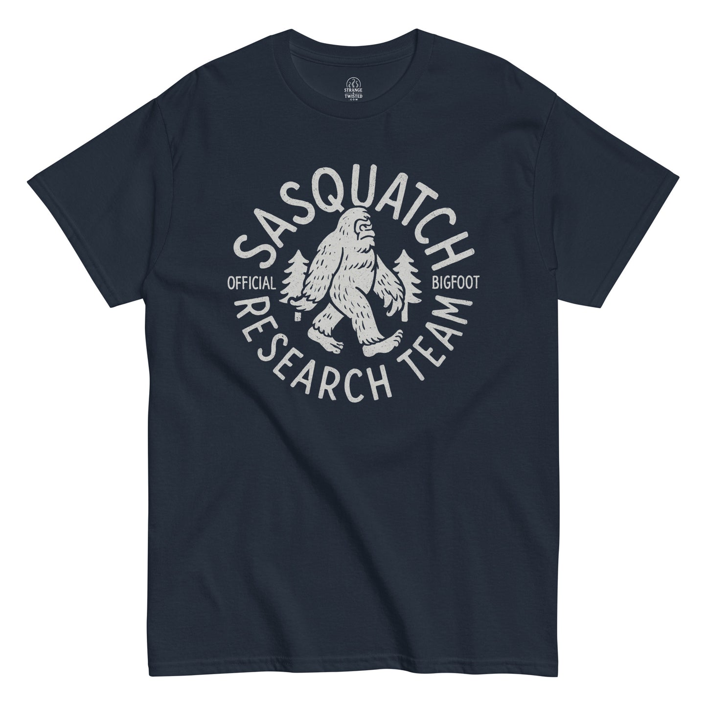 Sasquatch Research Team T-shirt with white cryptid design printed on navy fabric.