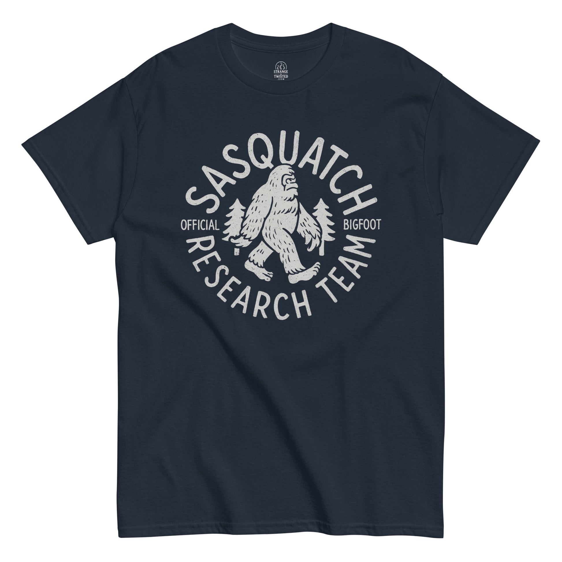 Sasquatch Research Team T-shirt with white cryptid design printed on navy fabric.