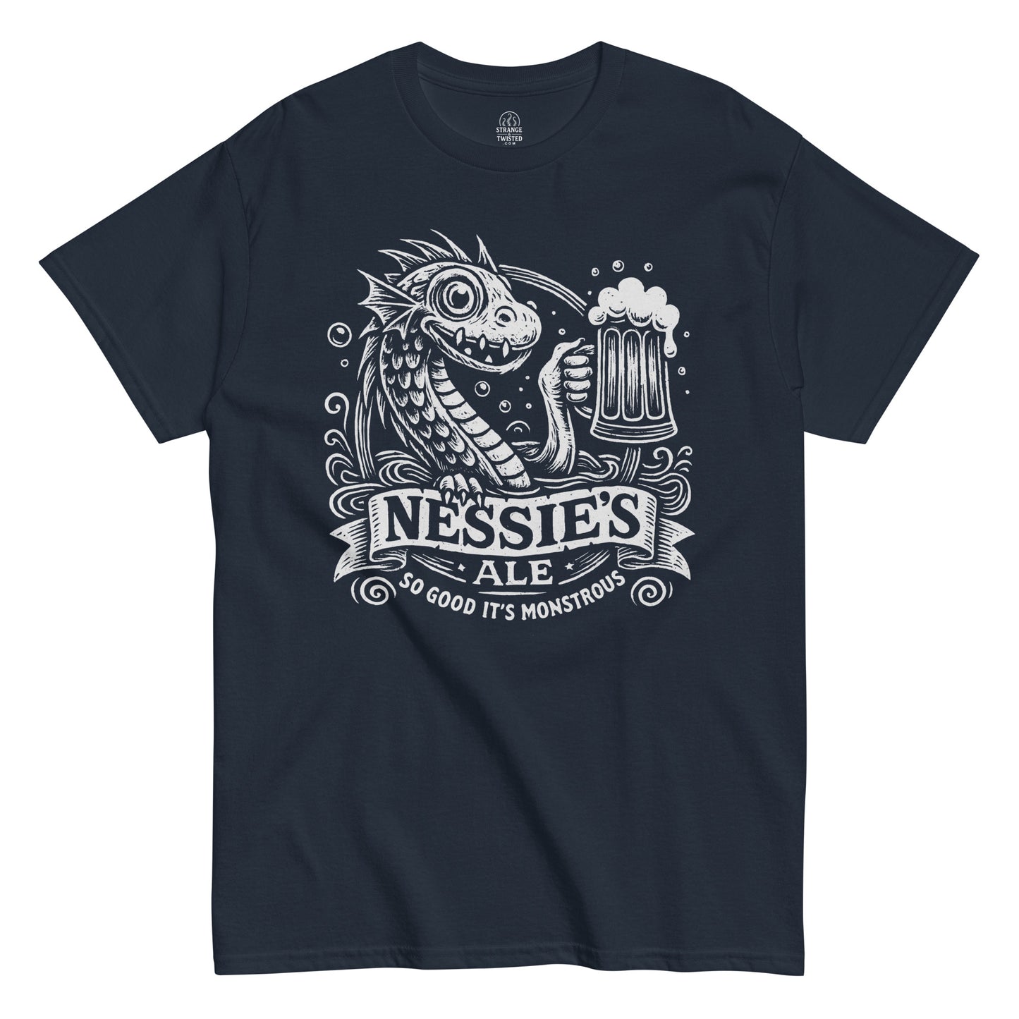 Nessie’s Ale Loch Ness Monster T-shirt with white pub-style artwork on navy background.