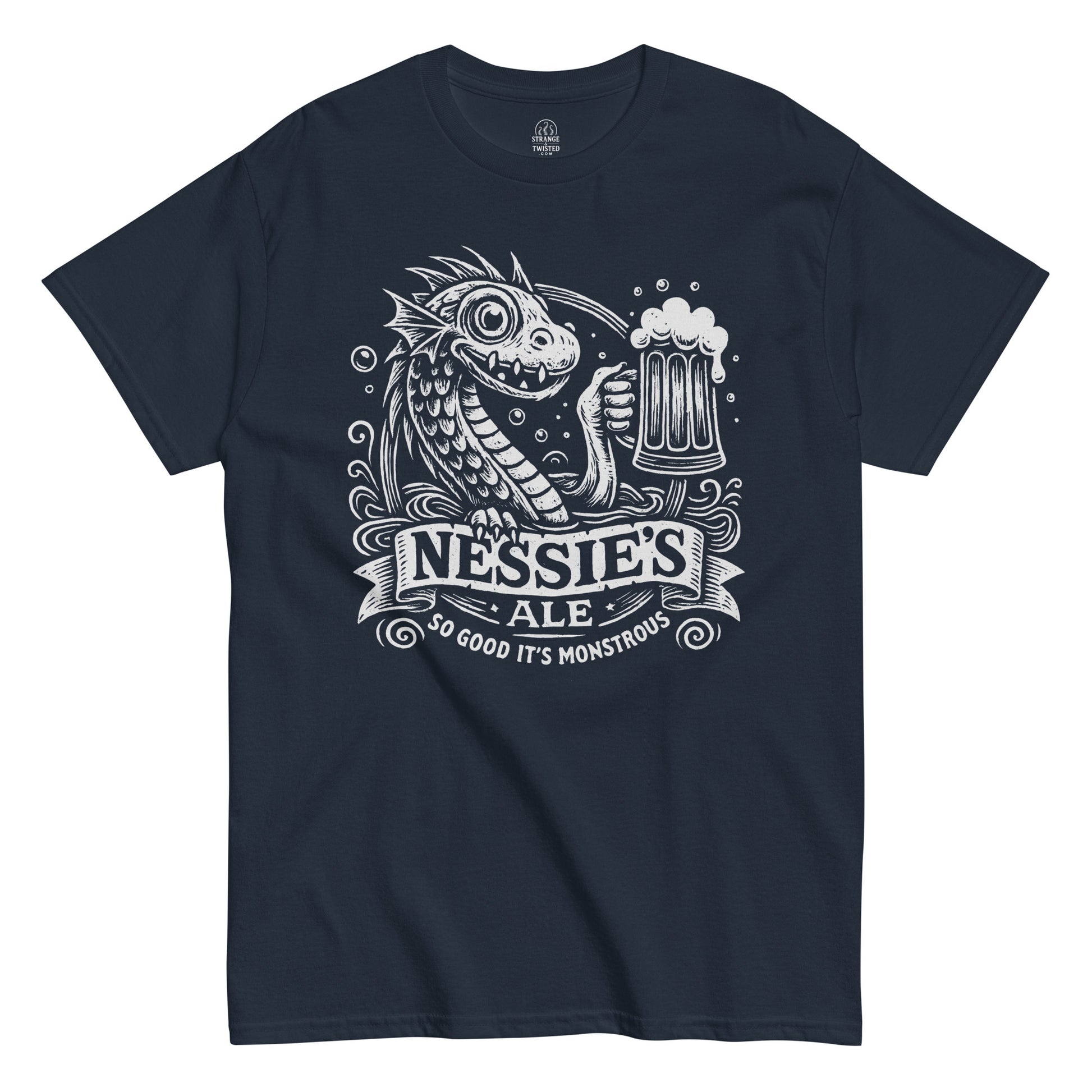 Nessie’s Ale Loch Ness Monster T-shirt with white pub-style artwork on navy background.