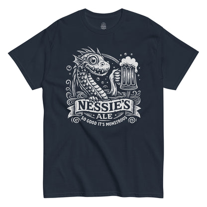 Nessie’s Ale Loch Ness Monster T-shirt with white pub-style artwork on navy background.