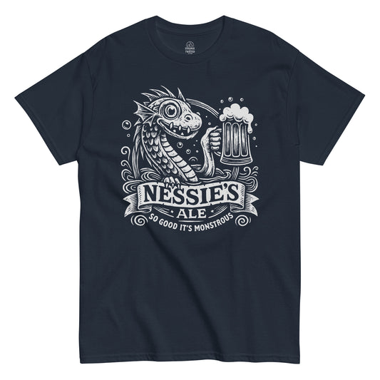Nessie’s Ale Loch Ness Monster T-shirt with white pub-style artwork on navy background.