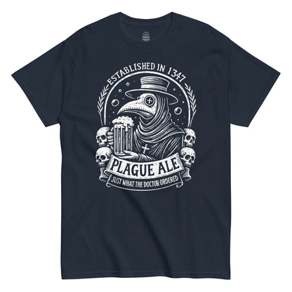 Plague Ale T-shirt with plague doctor illustration and “Established in 1347” banner, white print on navy background.