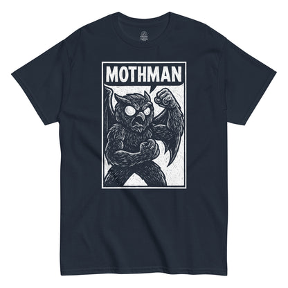 Mothman T-shirt featuring white distressed illustration of Mothman with wings and clenched fists on navy fabric.
