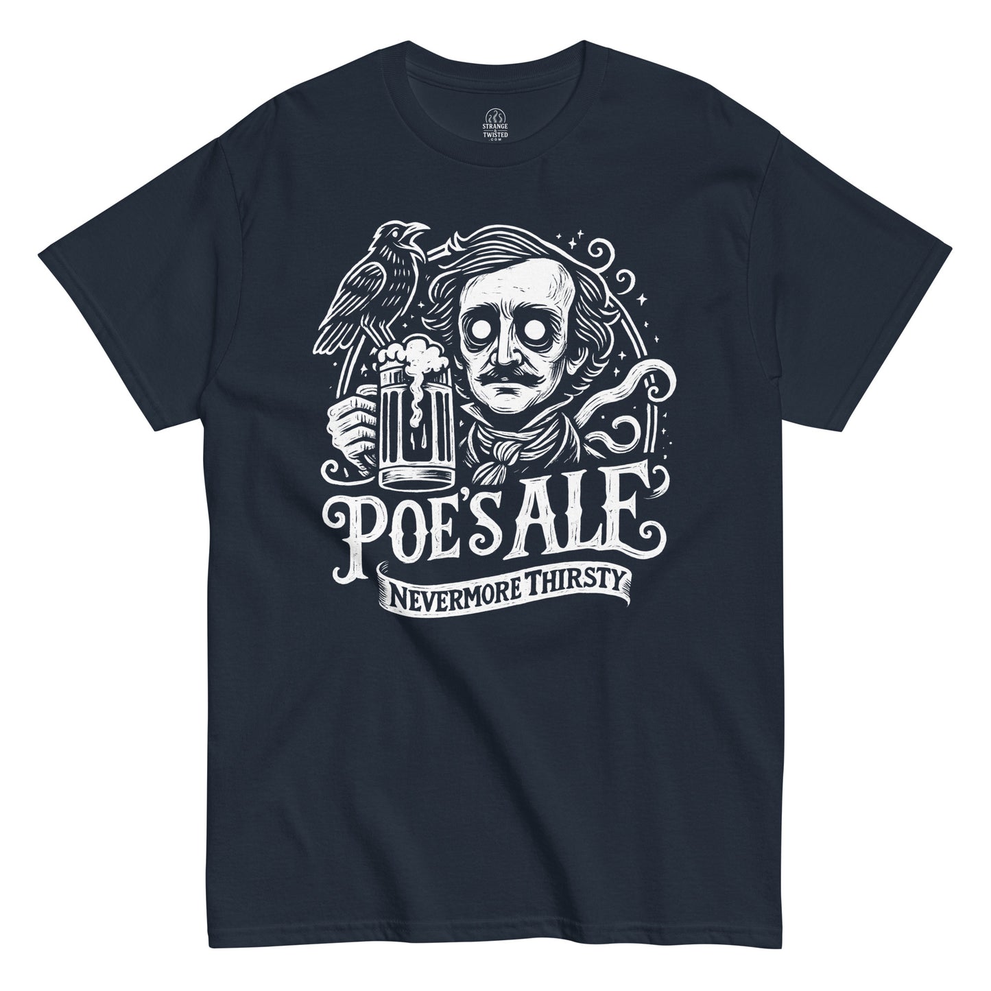Poe’s Ale T-shirt showing white gothic illustration of Poe with raven and pint on navy background.