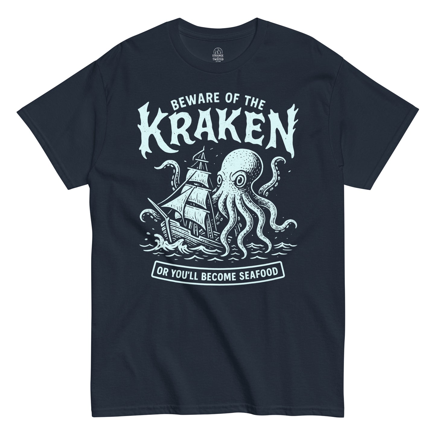 Beware of the Kraken T-shirt featuring distressed mint-blue Kraken artwork and ship on navy background.