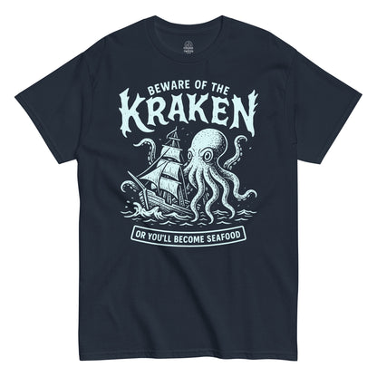 Beware of the Kraken T-shirt featuring distressed mint-blue Kraken artwork and ship on navy background.