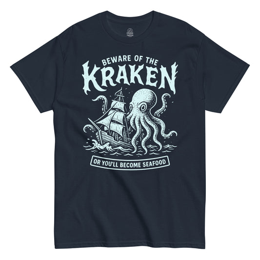 Beware of the Kraken T-shirt featuring distressed mint-blue Kraken artwork and ship on navy background.