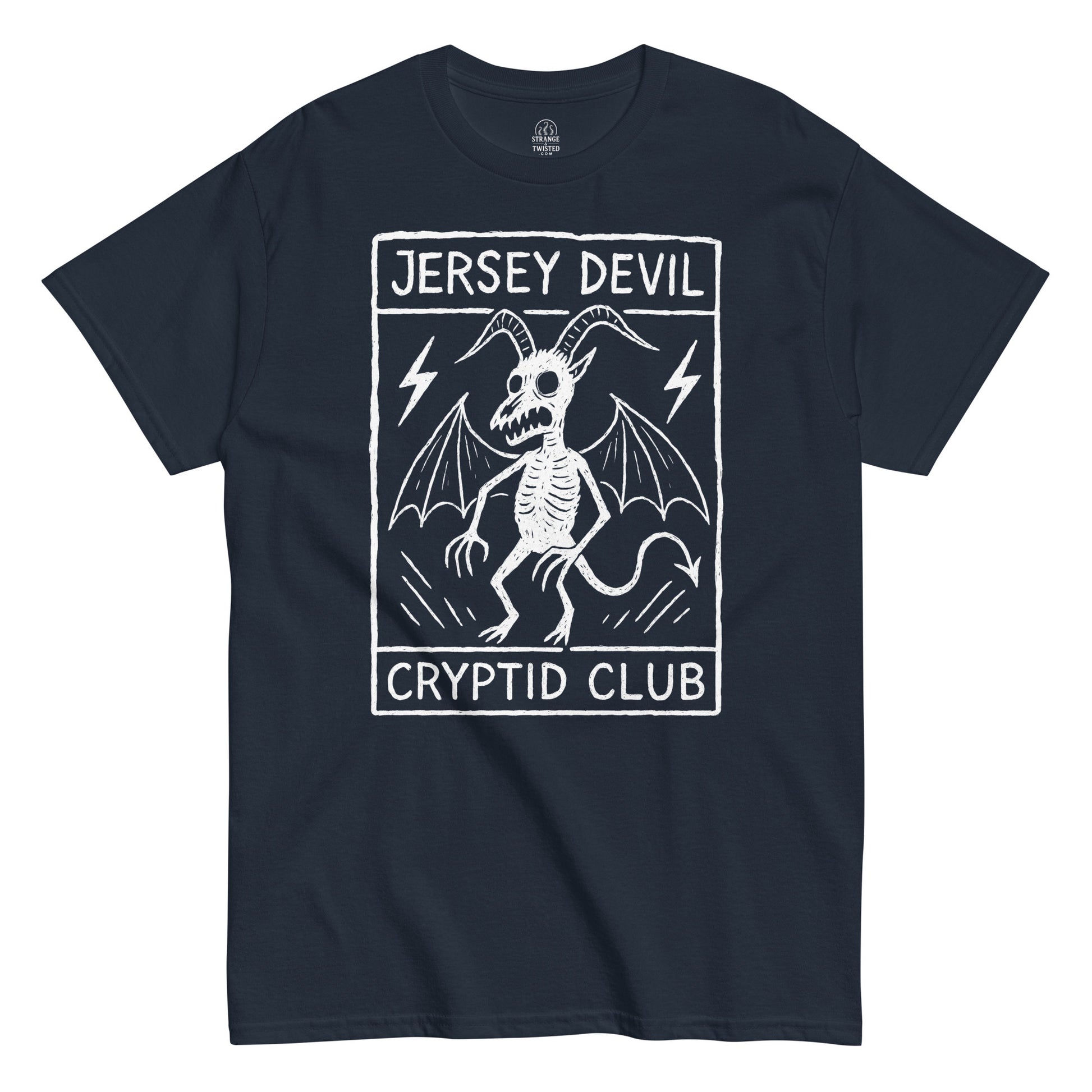 Jersey Devil Cryptid Club T-shirt featuring bold white cryptid illustration on navy fabric.