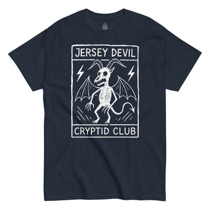 Jersey Devil Cryptid Club T-shirt featuring bold white cryptid illustration on navy fabric.