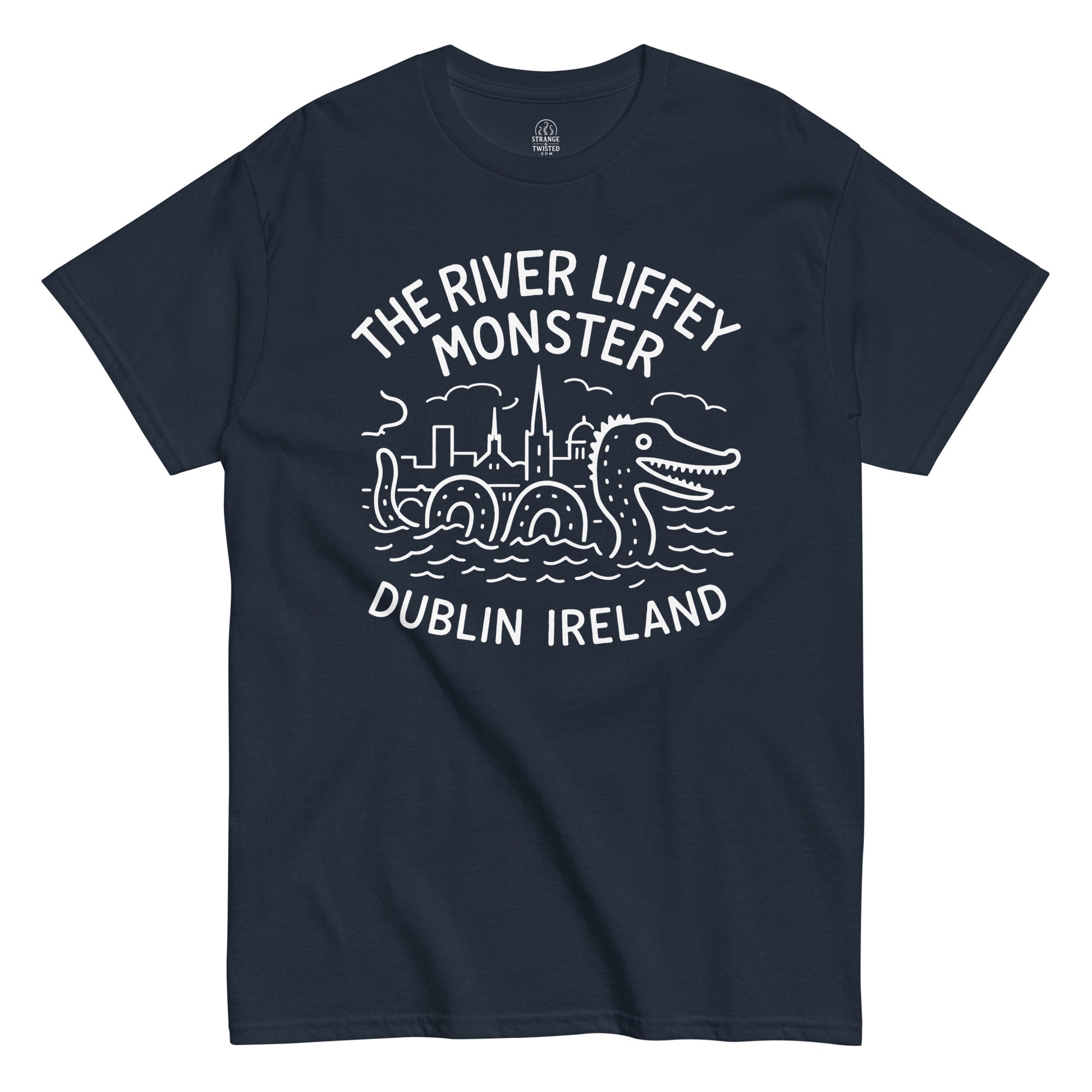Dublin Ireland cryptid T-shirt with River Liffey Monster artwork in white on navy fabric.