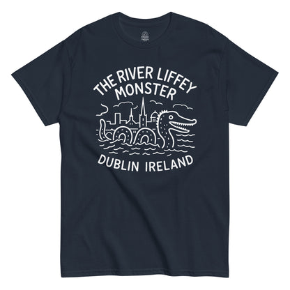Dublin Ireland cryptid T-shirt with River Liffey Monster artwork in white on navy fabric.