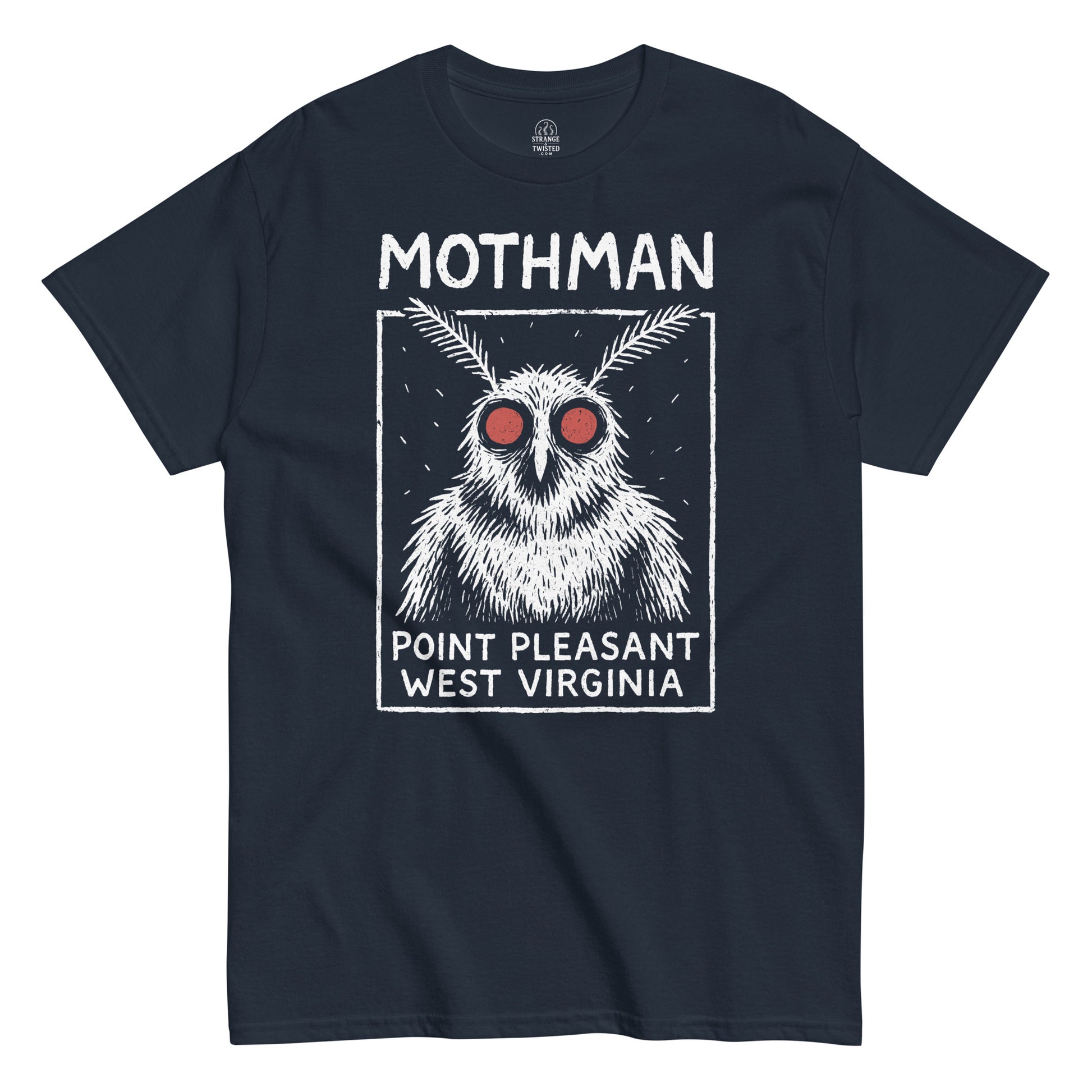 Mothman Point Pleasant West Virginia T-shirt with white and red artwork on navy fabric.