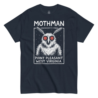 Mothman Point Pleasant West Virginia T-shirt with white and red artwork on navy fabric.