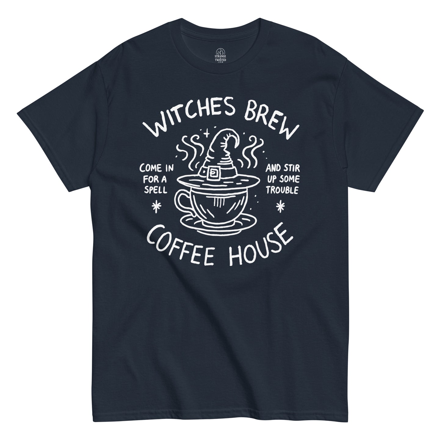 Funny witchcraft T-shirt with white magical coffee cup design and spell text on navy fabric.