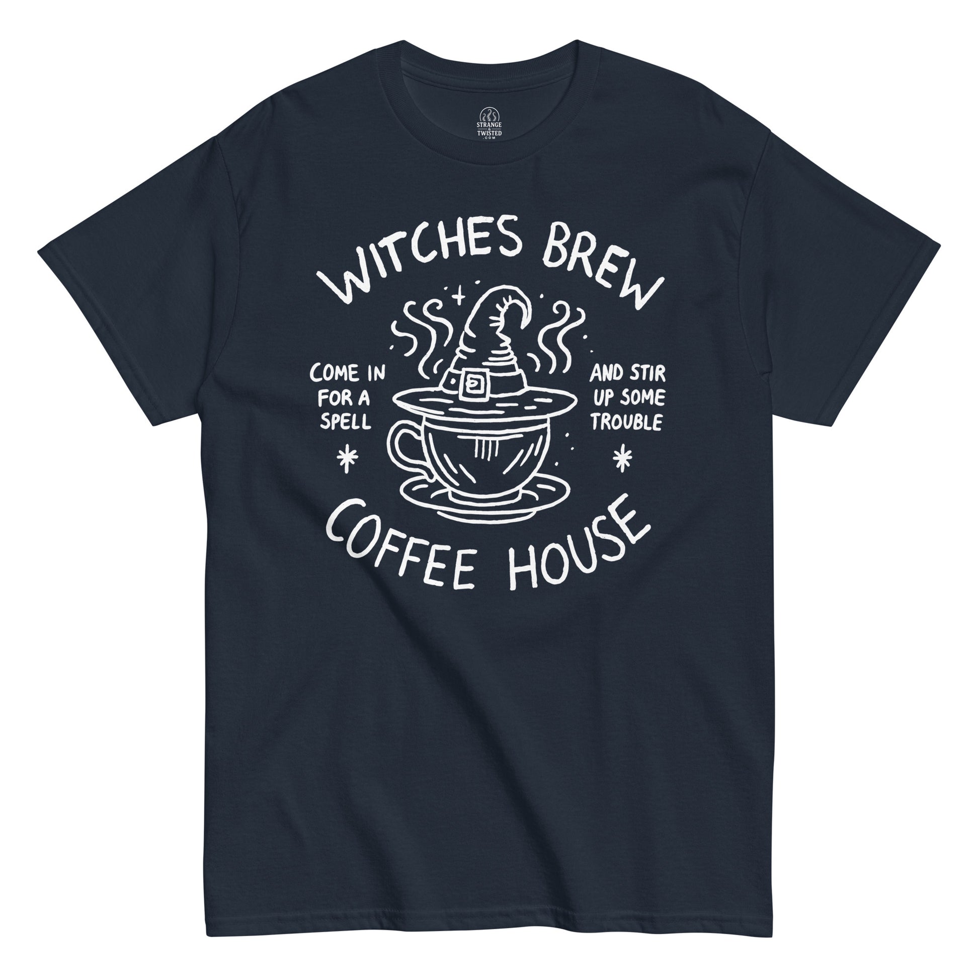 Funny witchcraft T-shirt with white magical coffee cup design and spell text on navy fabric.
