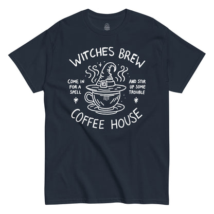 Funny witchcraft T-shirt with white magical coffee cup design and spell text on navy fabric.