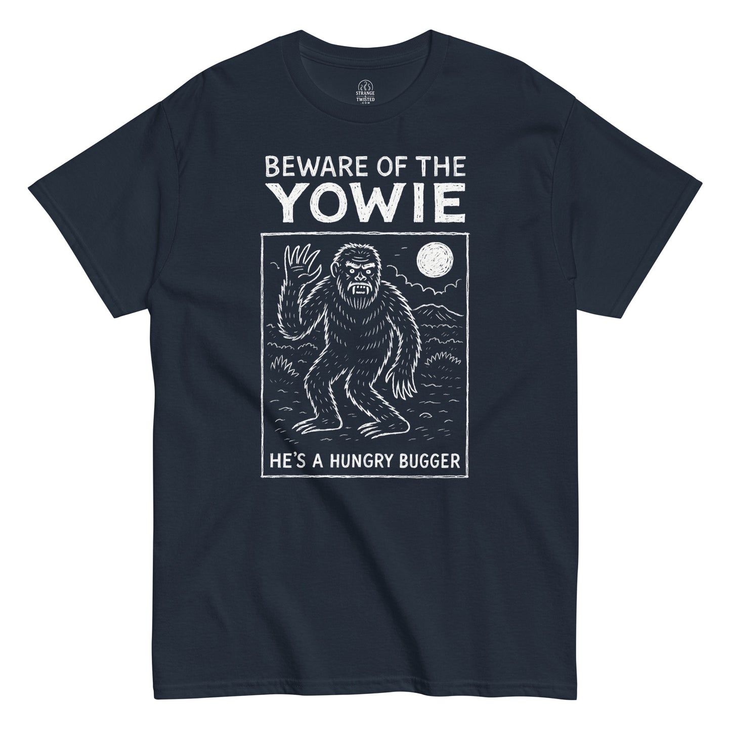 Funny Yowie cryptid T-shirt with white artwork and “Beware of the Yowie” text on navy fabric.