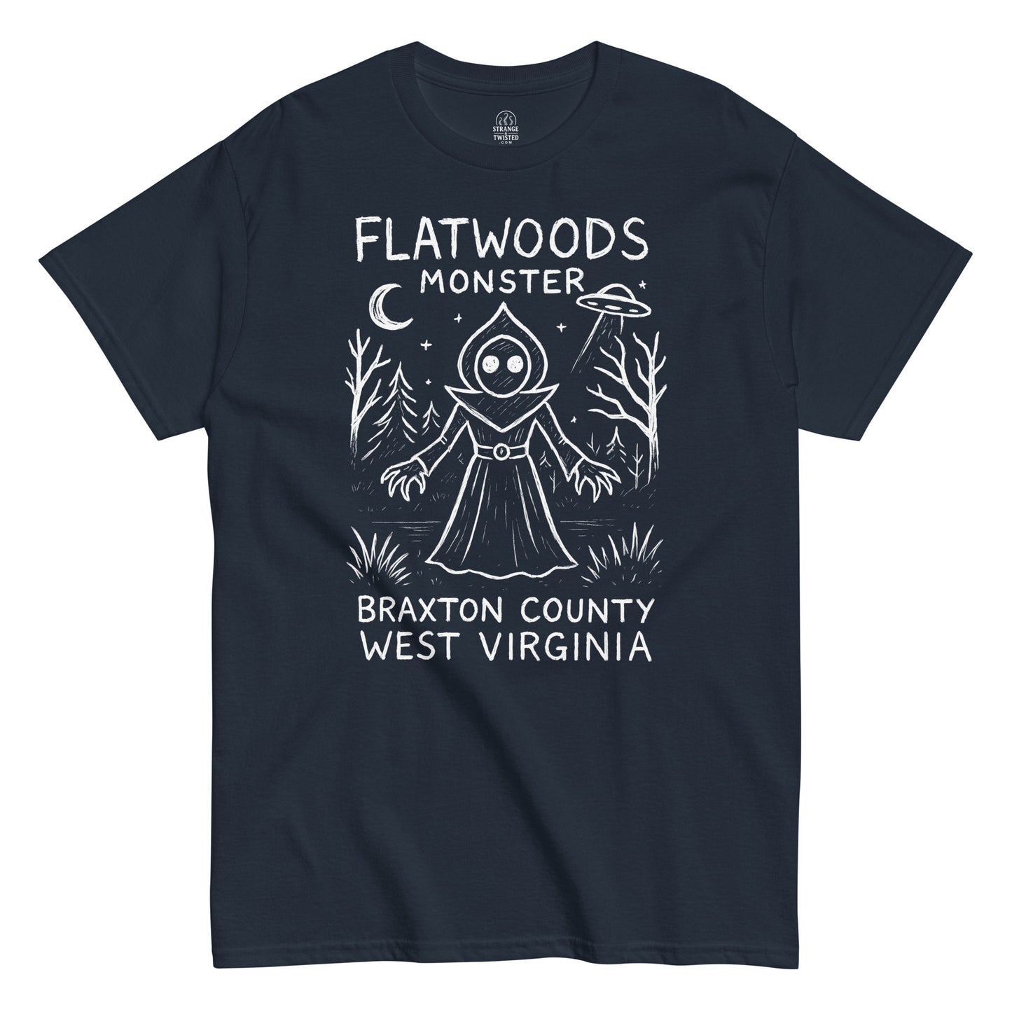 Flatwoods Monster T-shirt with UFO and Braxton County West Virginia text on navy fabric.