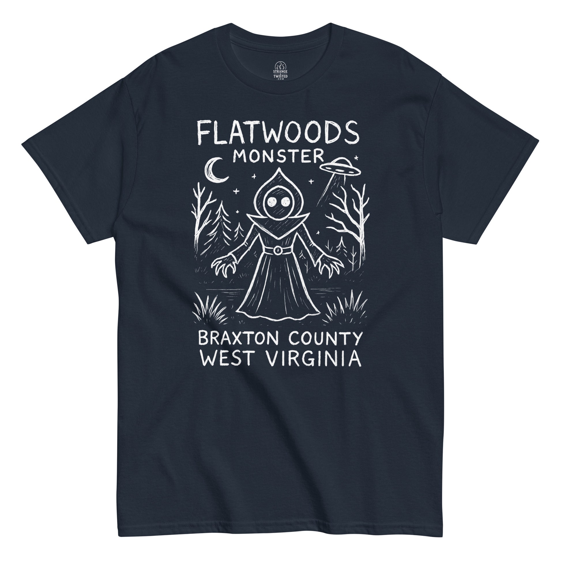Flatwoods Monster T-shirt with UFO and Braxton County West Virginia text on navy fabric.
