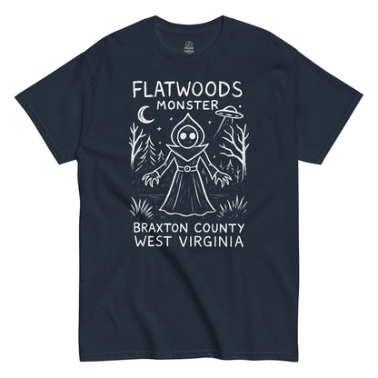 Flatwoods Monster T-shirt with UFO and Braxton County West Virginia text on navy fabric.